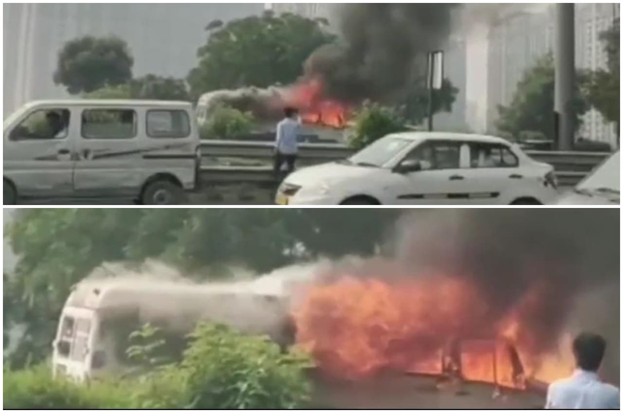 Viral Video: एक्सप्रेसवे पर दौड़ते टैम्पो ट्रैवलर में लगी आग, ड्राइवर ने ऐसे बचाई लोगों की जान