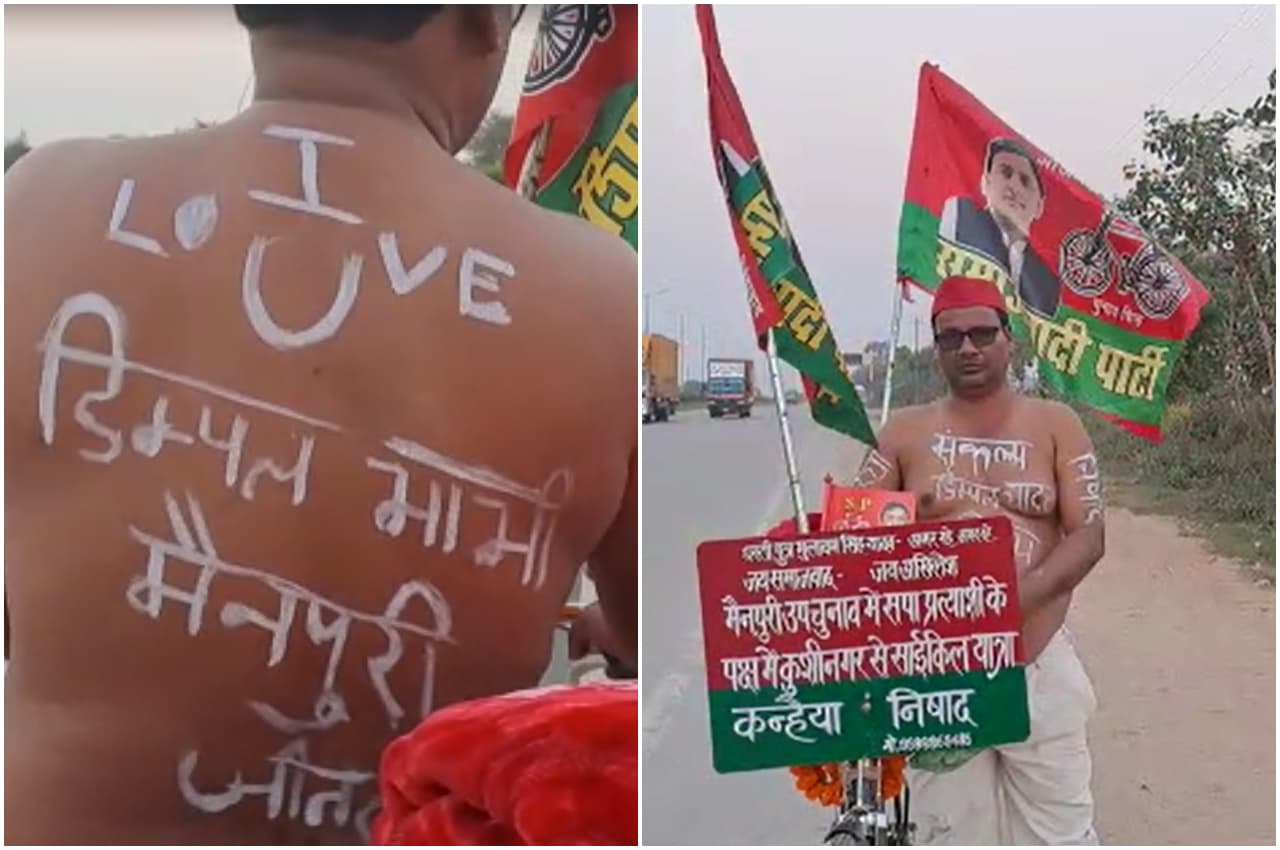 अपनी पीठ पर लिखा 'आई लव यू डिंपल भाभी...', और साइकिल लेकर कुशीनगर से मैनपुरी के लिए निकला जबरा समर्थक, देखें Video