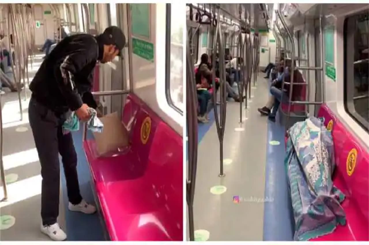 Viral Video: 'दिस मैन रॉक्ड...बाकी सब शॉक्ड', मेट्रो में बना लिया अपना सोफा, तकिया लाया और चादर डालकर सो गया