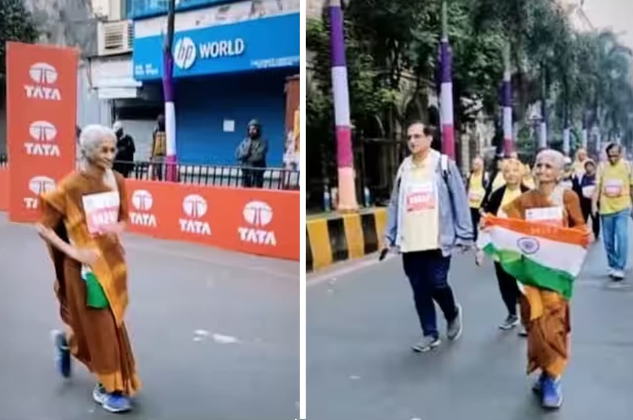 Mumbai Marathon में साड़ी पहनकर पहुंची 80 साल की महिला, हाथ में तिरंगा लेकर लगाई दौड़, देखें Viral Video