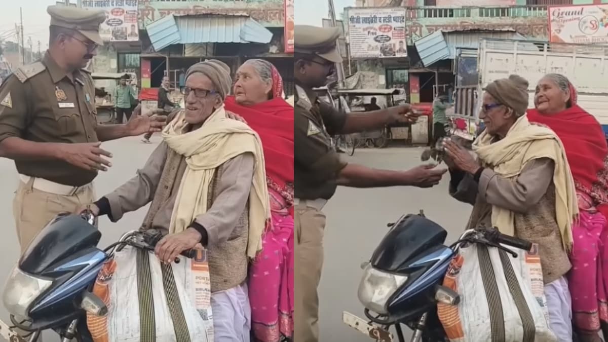 बिना हेलमेट के दादी के साथ बाइक पर घूम रहे थे दादा, पुलिस वाले ने पकड़ा फिर दिया गिफ्ट; वायरल है ये वीडियो