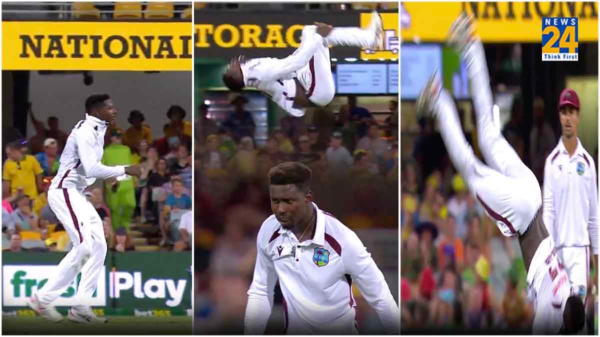 AUS vs WI: पहला विकेट लेते ही गुलाटी मारने लगा कैरेबियाई गेंदबाज, अनोखे जश्न का Video वायरल