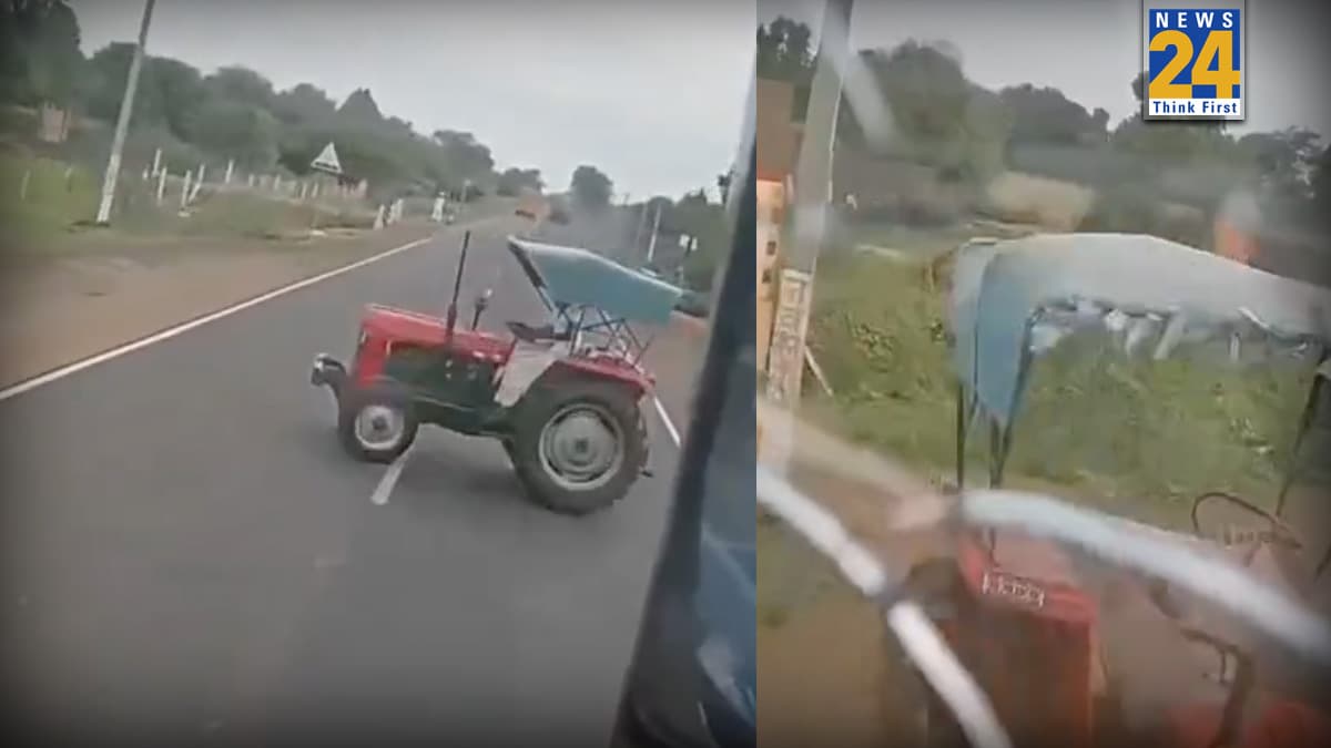 Viral Video: अचानक बस के सामने आ गया ट्रैक्टर, कैमरे में कैद हुआ खतरनाक नजारा, देखें वीडियो
