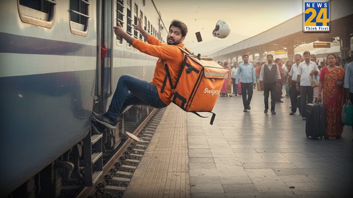 आंध्र प्रदेश में चलती ट्रेन से गिर पड़ा डिलीवरी ब्वॉय, वीडियो वायरल