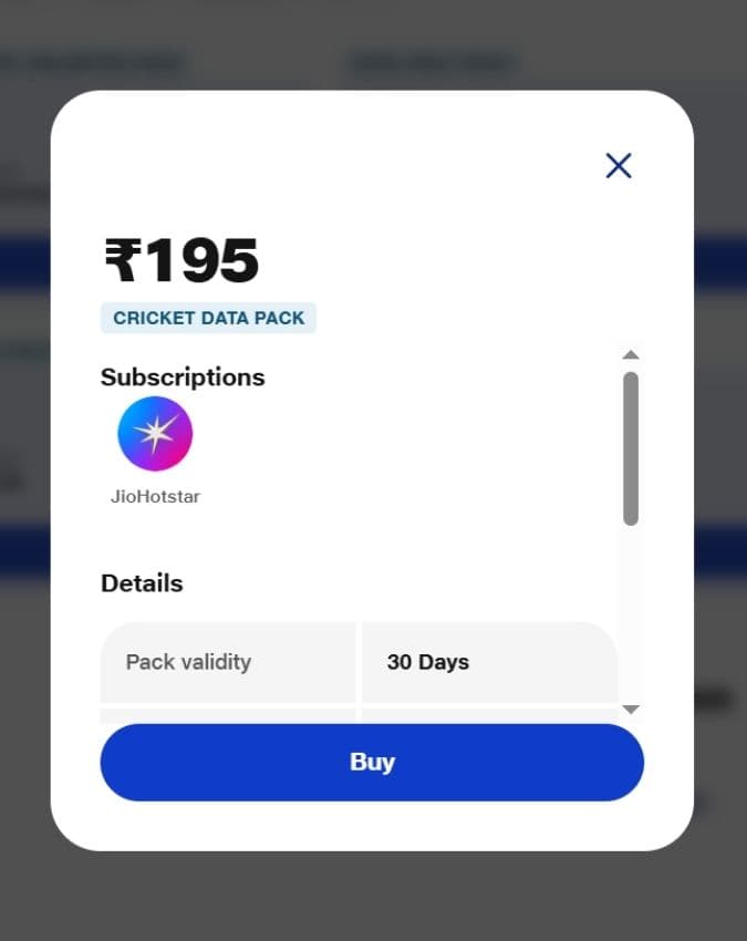 Jio का 195 रुपये वाला Cricket Data Pack