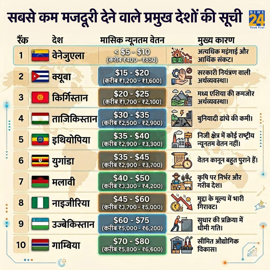 सबसे कम न्यूनतम मजदूरी देने वाले प्रमुख देशों की सूची