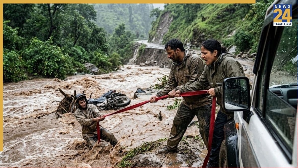 उफनते सैलाब में बाइक समेत बहने लगा युवक, 'दुपट्टे' ने बचाई जान; हिमाचल का रोंगटे खड़े करने वाला रेस्क्यू कैमरे में कैद