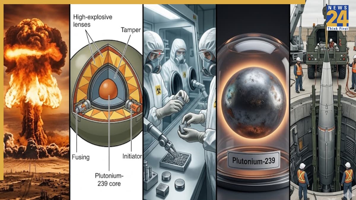 nuclear arsenals A detailed technical cross-section diagram of an atom bomb, highlighting the nuclear core, high-explosive lenses, and the internal mechanisms that initiate a chain reaction.