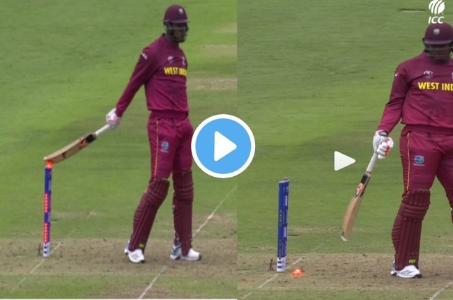 Oshane Thomas hits bat on stumps