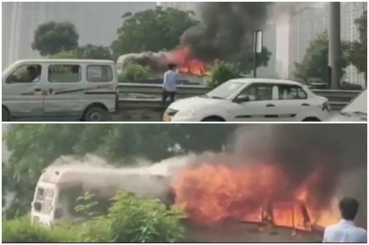 Viral Video: एक्सप्रेसवे पर दौड़ते टैम्पो ट्रैवलर में लगी आग, ड्राइवर ने ऐसे बचाई लोगों की जान