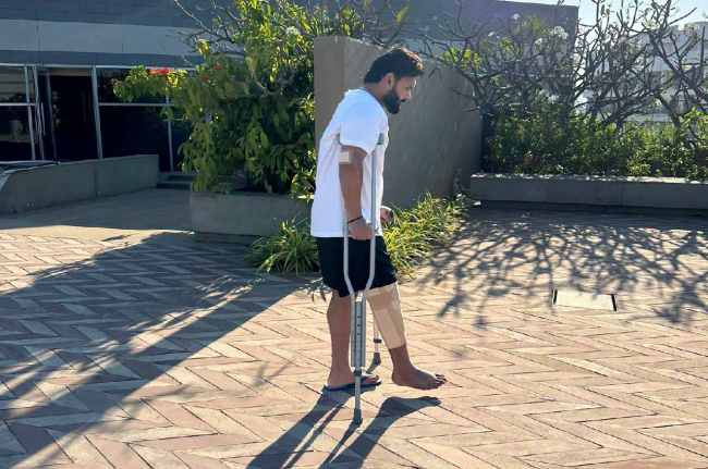 Rishabh Pant trying to walk with help of crutches Rishabh Pant trying to walk with help of crutches