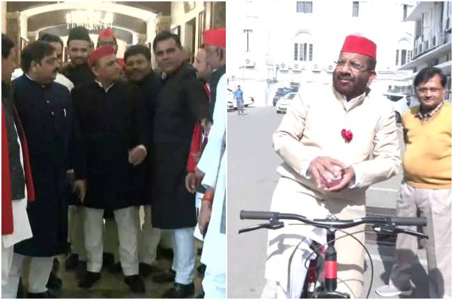 UP Budget 2023 UP Budget 2023, Samajwadi Party, Different Style, Budget Session, Black Sherwani, Bicycle, hindi news, uttar pradesh, UP