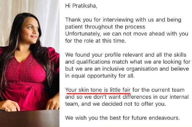 pratiksha jichkar, bengaluru news, bengaluru job, bengaluru woman, company rejected woman for too fair, skin tone news, girl complexion, viral news, trending news pratiksha jichkar, bengaluru news, bengaluru job, bengaluru woman, company rejected woman for too fair, skin tone news, girl complexion, viral news, trending news