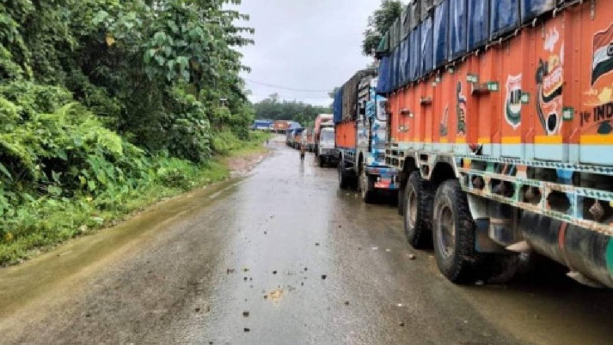 Manipur Imphal Silchar highway block Landslides trucks stranded
