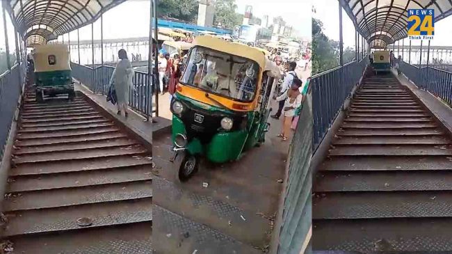 Delhi man runs auto on foot overbridge Delhi man runs auto on foot overbridge