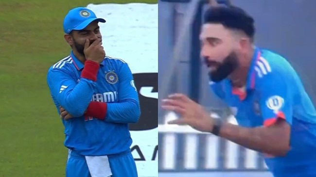 ind vs sl mohammed siraj running from follow through to boundary virat kohli shubman gill laughing