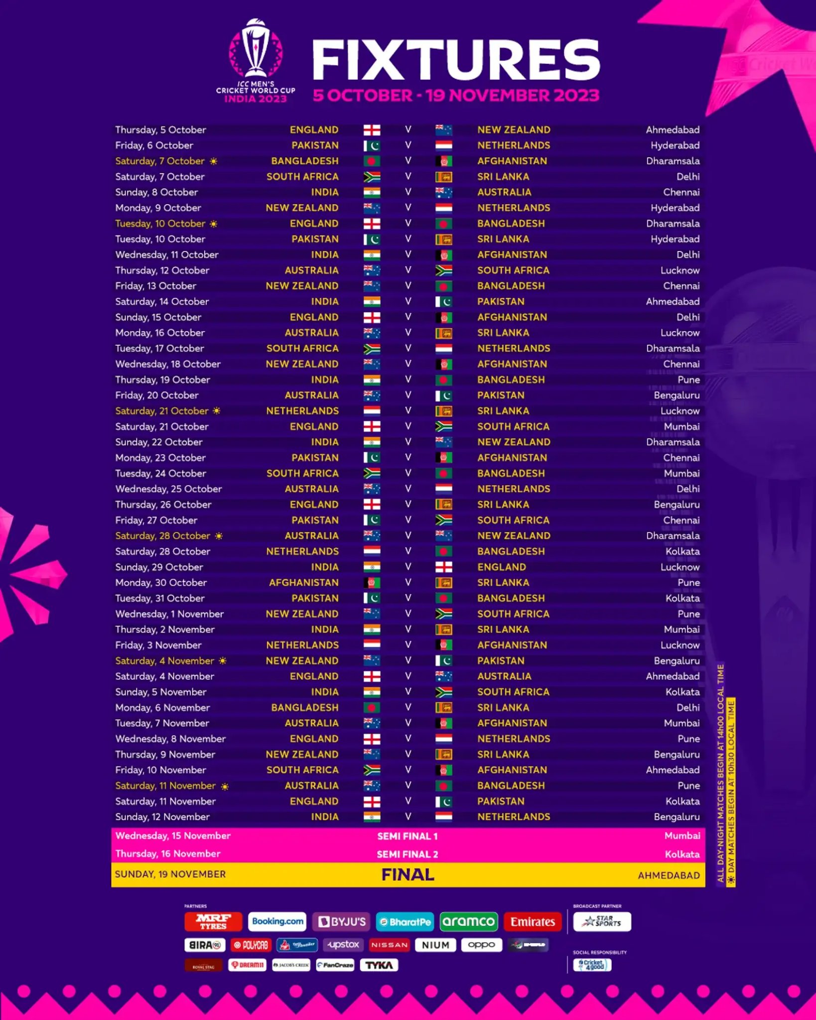 odi world cup 2023 Full Schedule