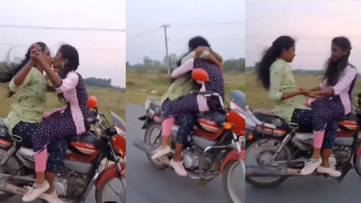 Bike Stunt Video लड़कियों का खतरनाक रोमांस चलती बाइक पर हाथ छोड़ करने लगीं Hug Kiss