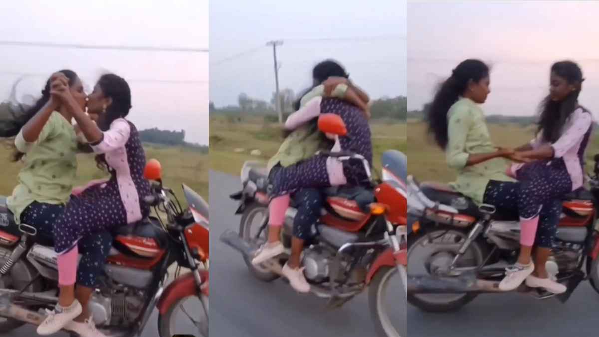 Bike Stunt Video: लड़कियों का 'खतरनाक' रोमांस, चलती बाइक पर हाथ छोड़ करने लगीं Hug-Kiss