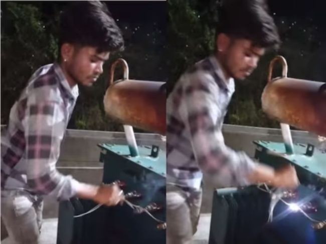 young man, electric shock, wires, in the transformer with his bare hands