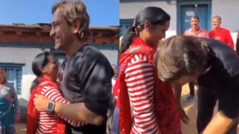 ms dhoni touches woman feet hugs her during uttarakhand trip video goes viral