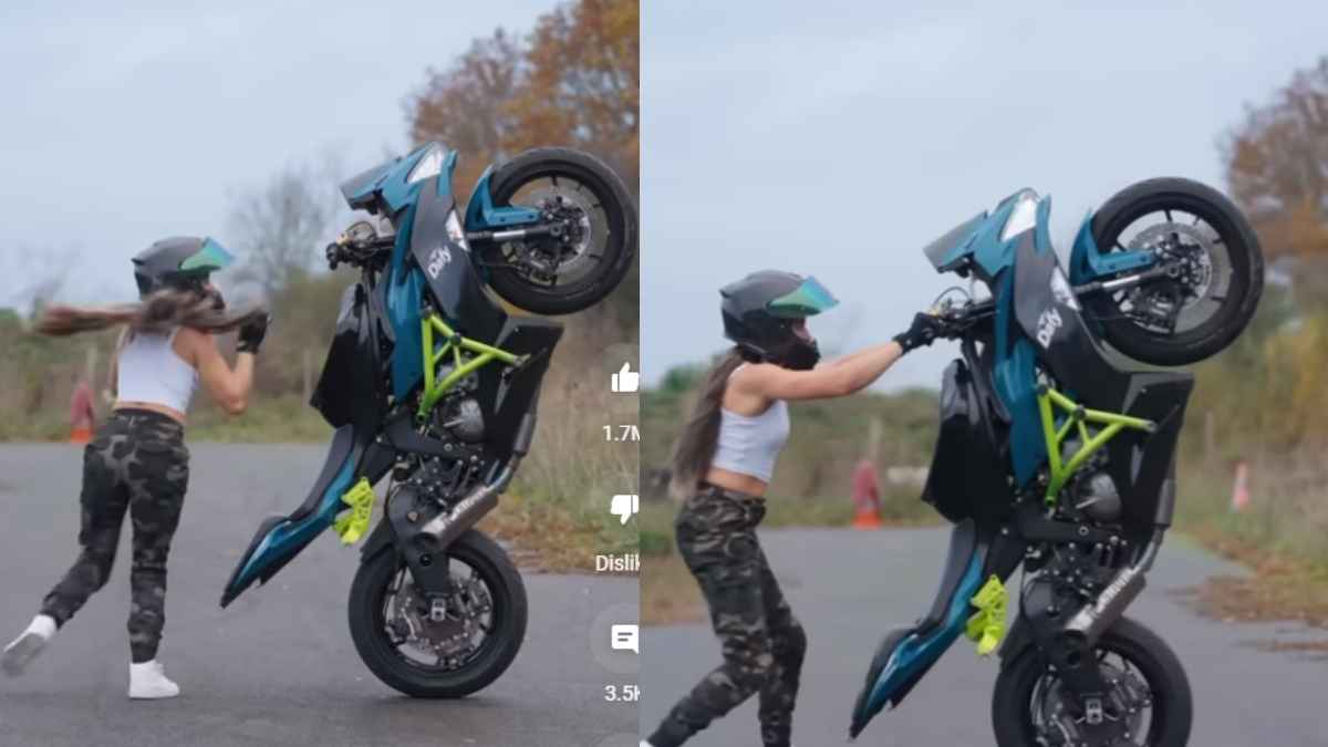 Stunt Queen! लड़की ने दोनों हाथ छोड़ एक पहिए पर सीधी खड़ी कर दी सुपरबाइक, लोग बोले- 'बेस्ट स्टंट ऑफ द ईयर' Video