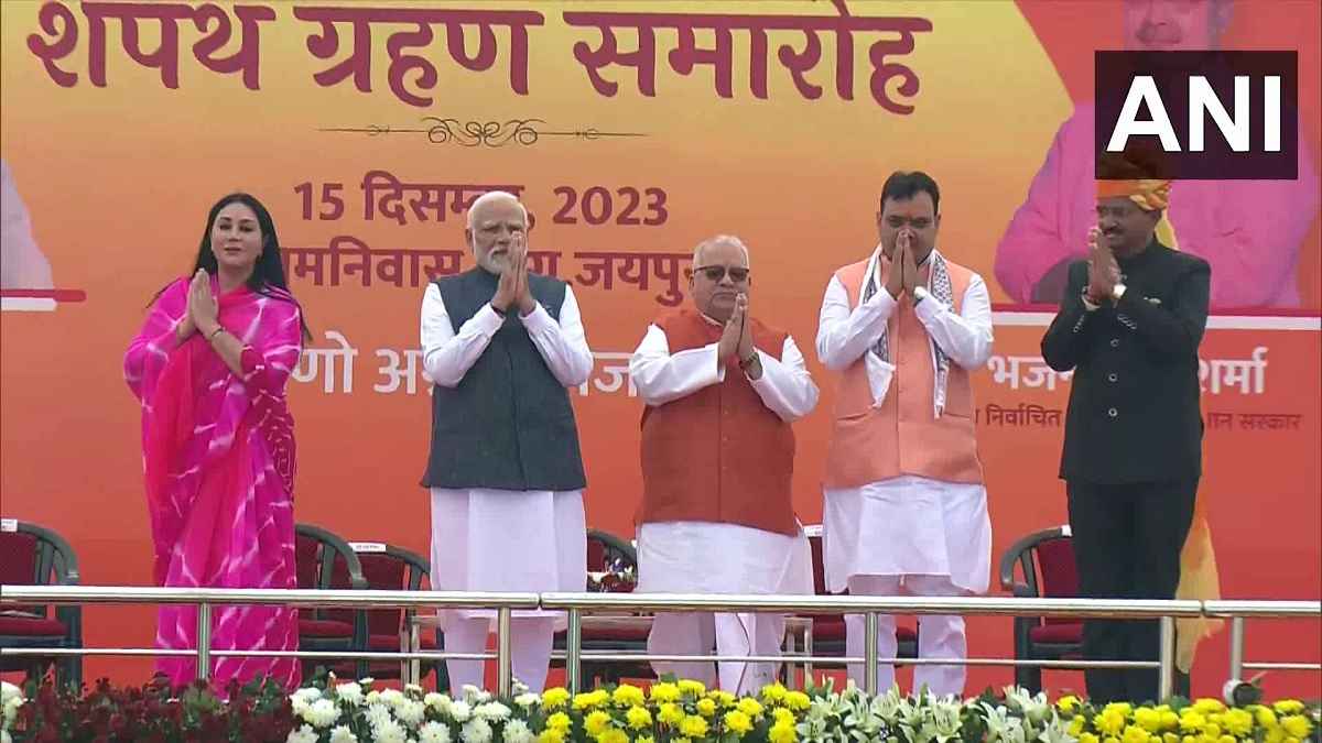 Prime Minister Narendra Modi along with newly elected Rajasthan CM Bhajanlal Sharma and Deputy CMs Diya Kumari and Prem Chand Bairwa