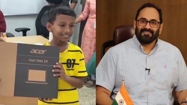 Union Minister Rajeev Chandrasekhar sent laptop for class 4th student met in Vandebharat train Union Minister Rajeev Chandrasekhar sent laptop for class 4th student met in Vandebharat train