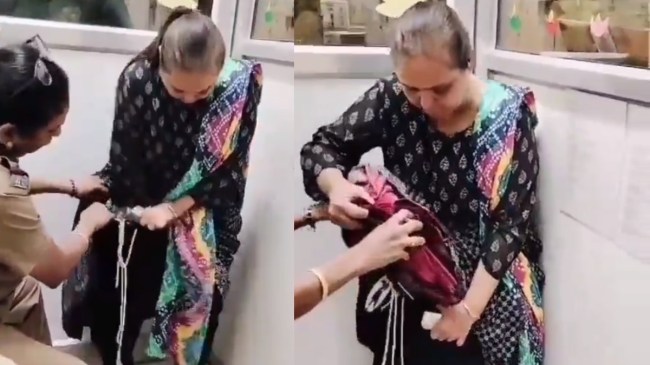 बुजुर्ग महिला सलवार में छुपाकर ले जा रही थी ड्राई फ्रूट्स के पैकेट और ग्रॉसरी आइटम, चेकिंग के दौरान पकड़ी गई, देखिए Video
