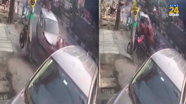 सिलेंडर से भरे रिक्शे में तेज रफ्तार कार ने मारी टक्कर, Video आया सामने