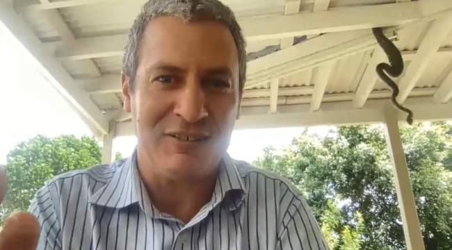 person giving online interview python seen behind