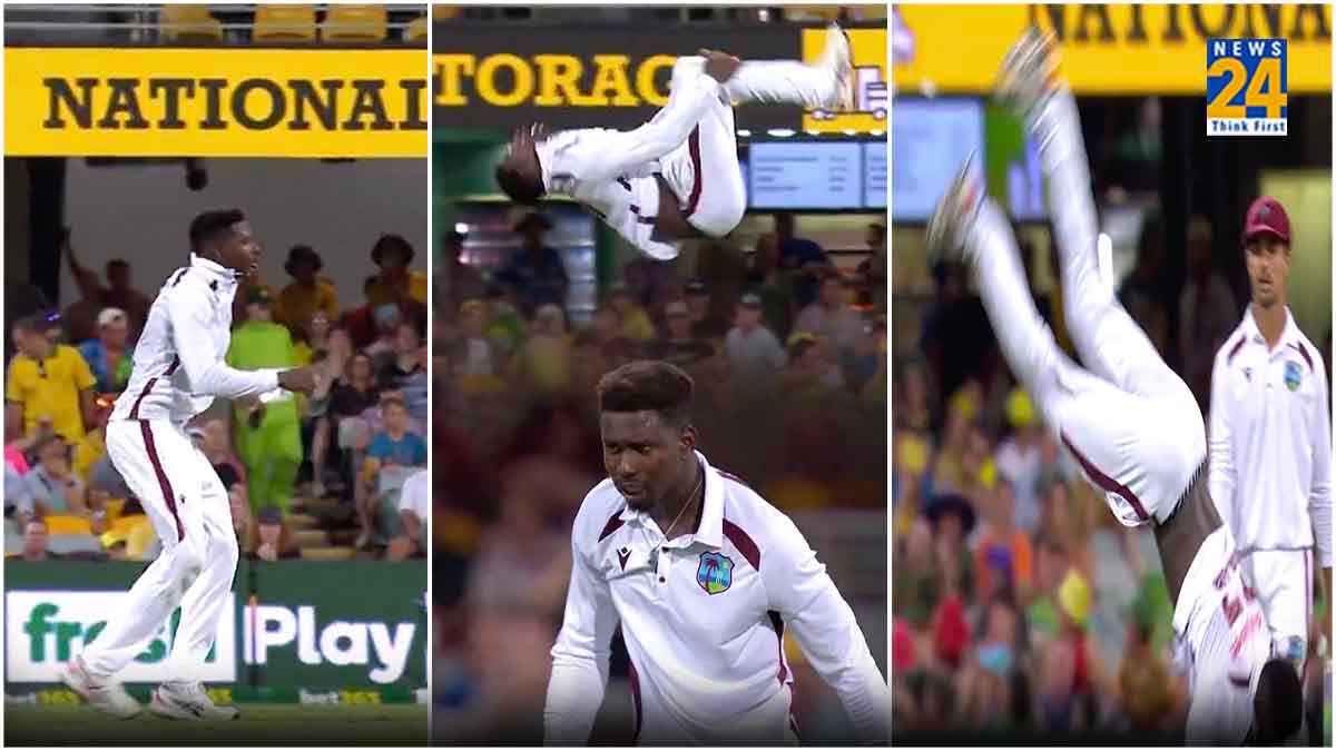AUS vs WI: पहला विकेट लेते ही गुलाटी मारने लगा कैरेबियाई गेंदबाज, अनोखे जश्न का Video वायरल