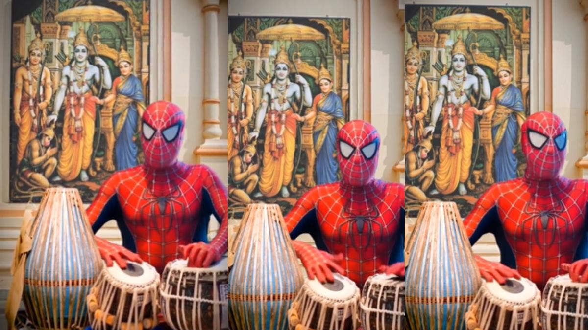 Spider Man playing tabla on 'Ram' bhajan