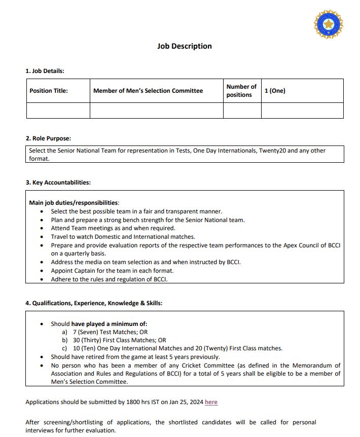 BCCI Selector Admission Form