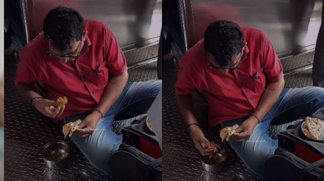 Man eating Food In moving train Man eating Food In moving train