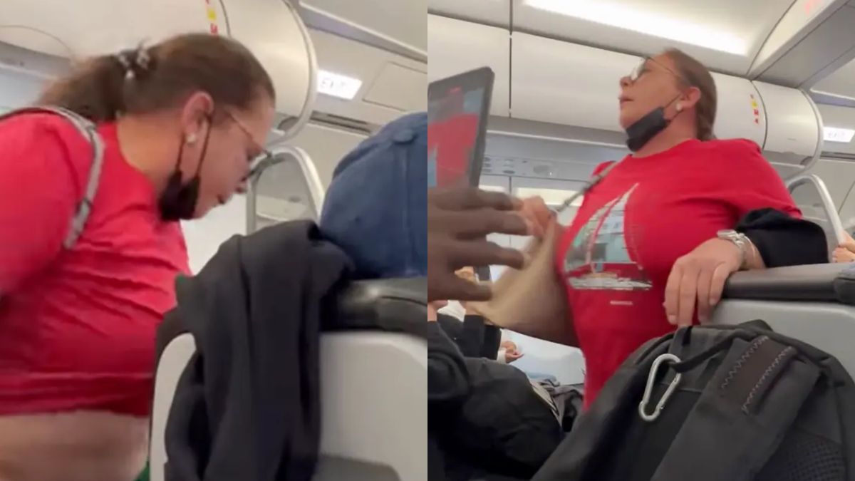 woman takes off pants on flight