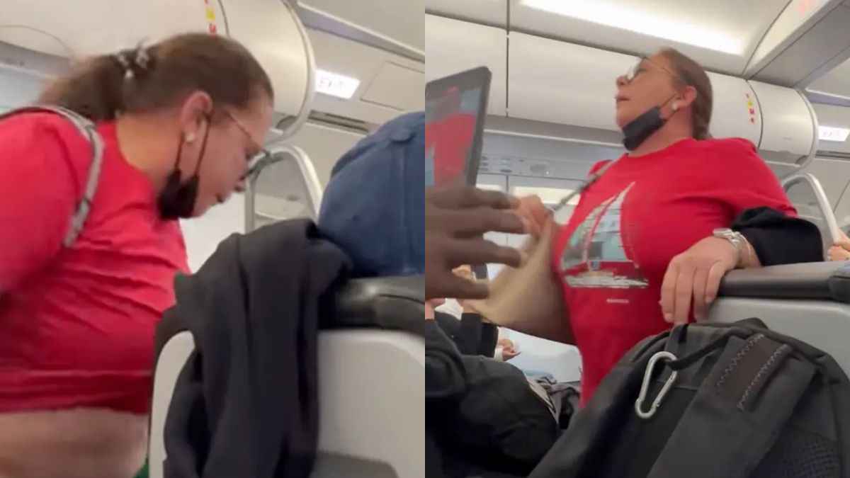 woman takes off pants on flight