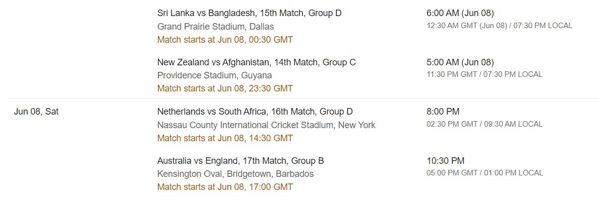 T20 World Cup 2024 Match Timings