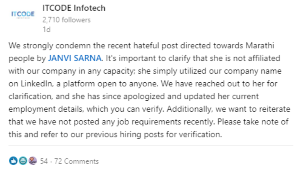 ITCODE Infotech Clarification On Social Media