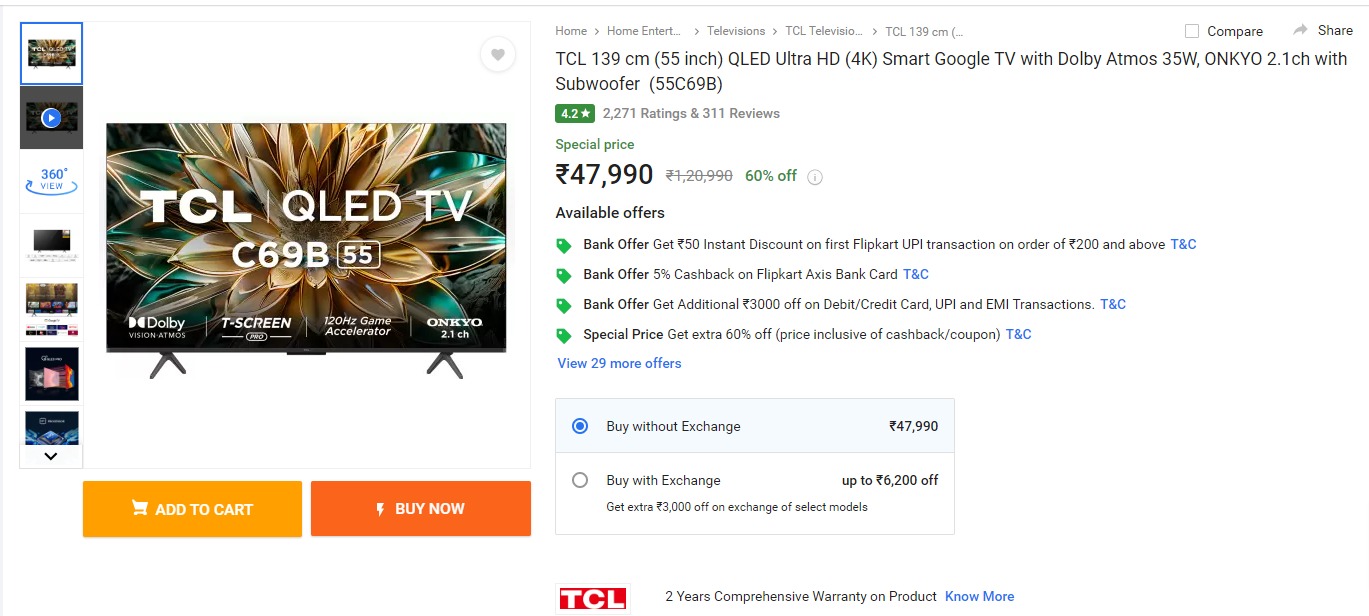 TCL 139 cm (55 inch) QLED Ultra HD (4K) Smart Google TV