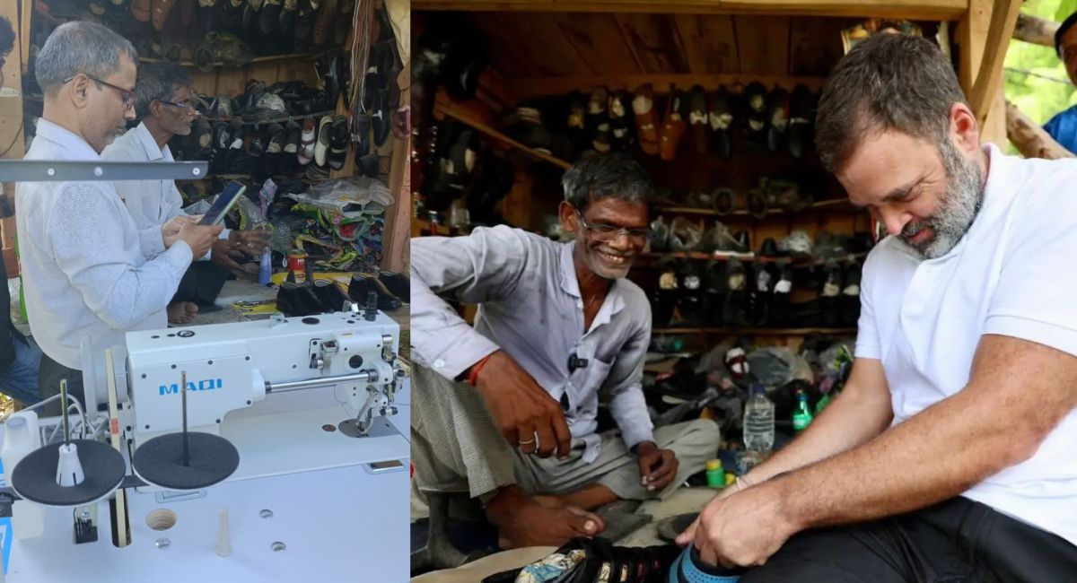 रामचेत की दुकान पर चप्पल में टांके लगाते राहुल गांधी और उनके द्वारा भिजवाई गई सिलाई मशीन