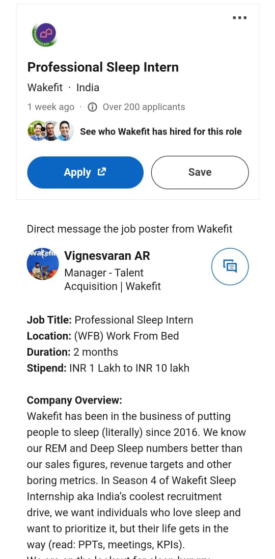 Wakefit Sleeping Job Offer