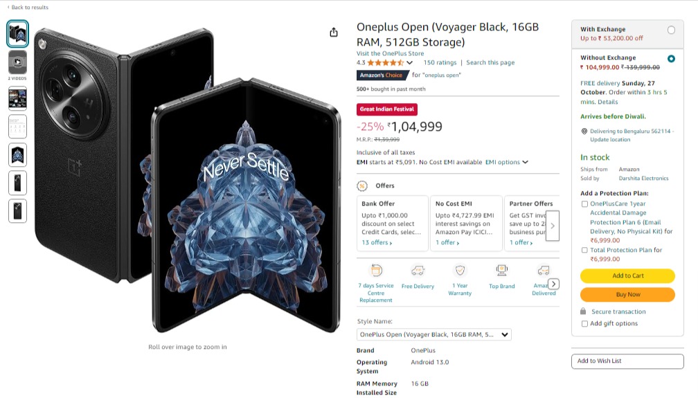 Amazon Diwali Sale Discount Offer on OnePlus Open