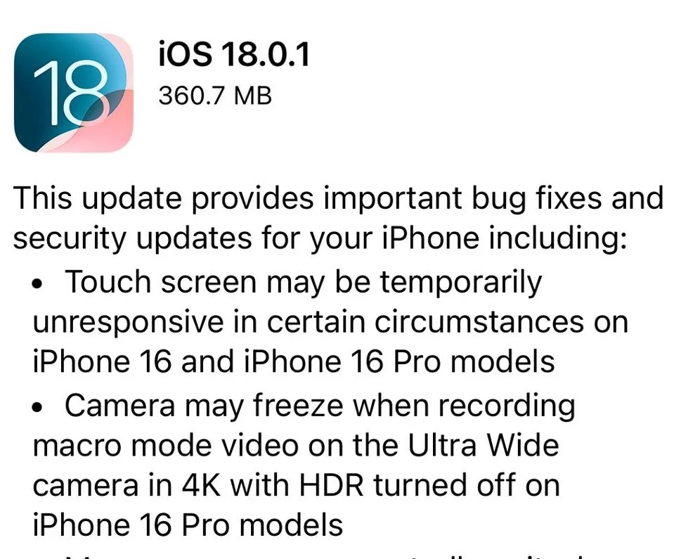 Apple New iOS 18.0.1 Update