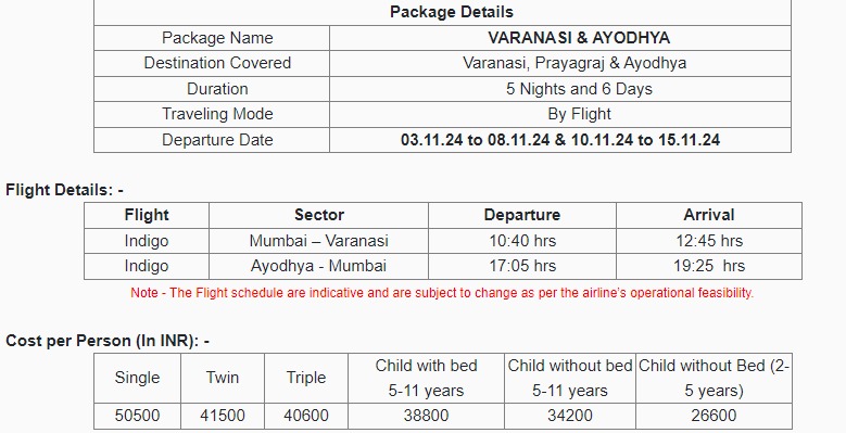 IRCTC Ayodhya VARANASI Package