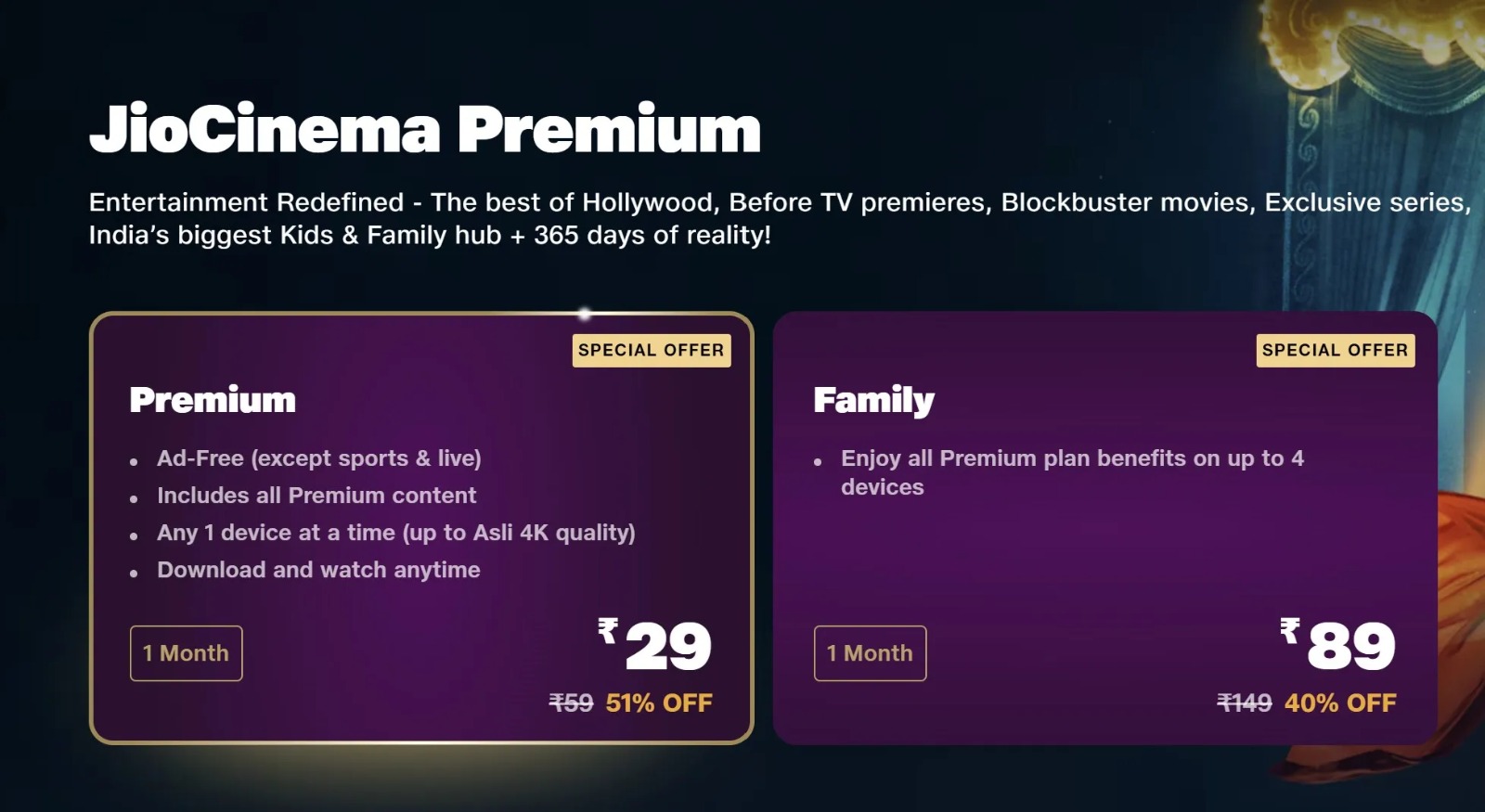 JioCinema Premium subscription plans price Benefits cheapest ott platform