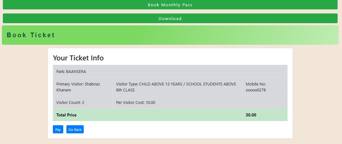 Baansera and Asita Park Ticket Booking