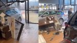 man drives car into showroom