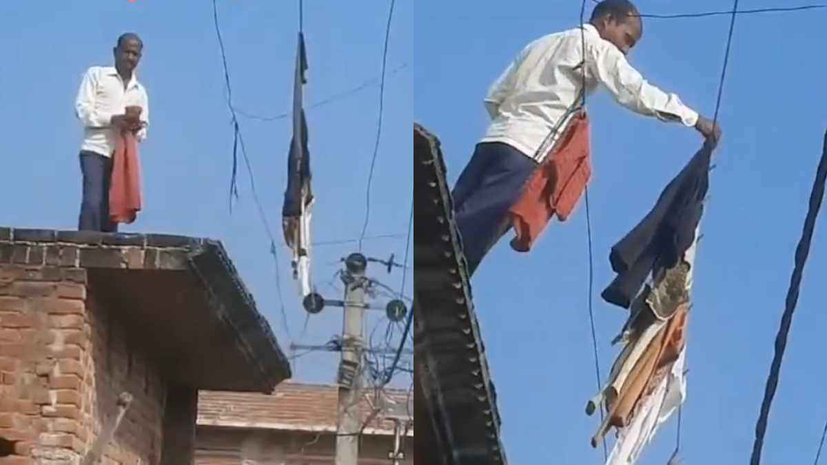 बिजली के तार पर कपड़े सुखाते शख्स का वीडियो वायरल, बोला-करंट तो आता नहीं बिजली के तार पर कपड़े सुखाते शख्स का वीडियो वायरल, बोला-करंट तो आता नहीं