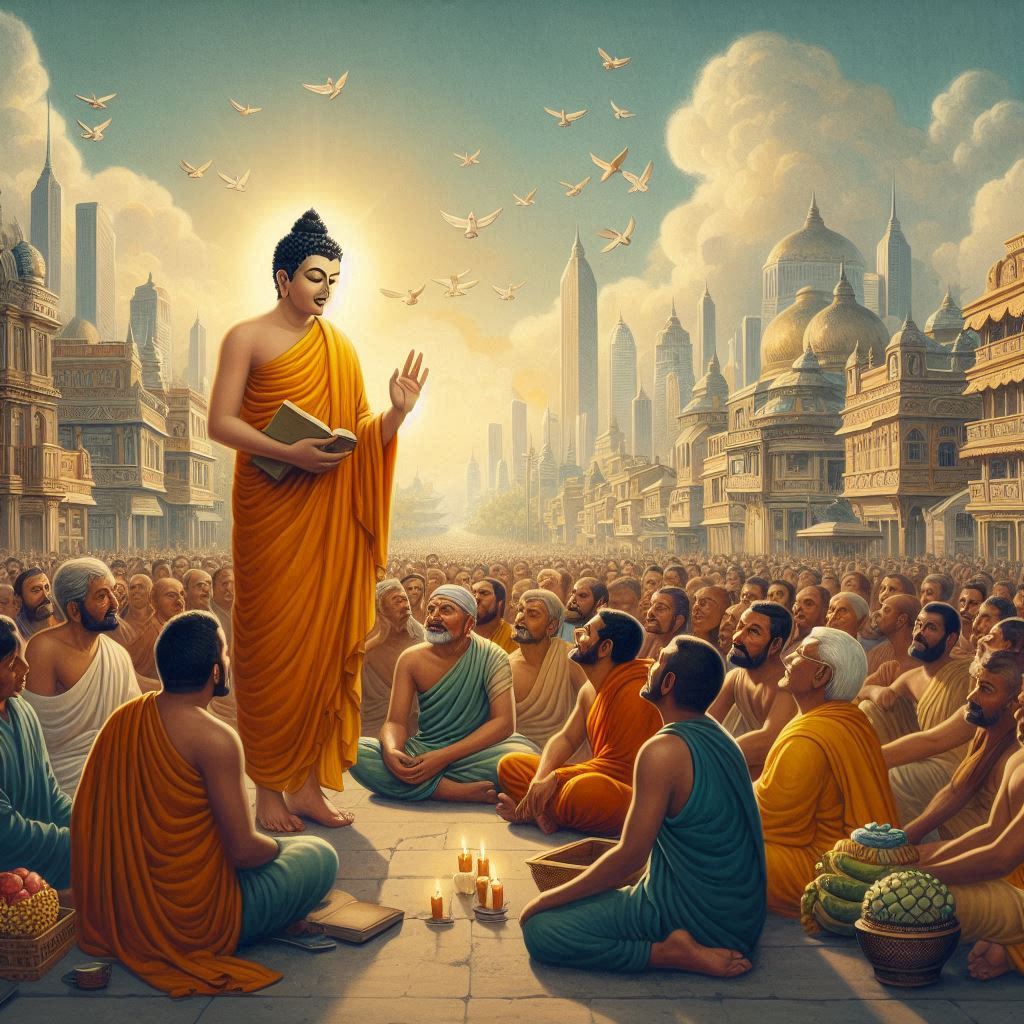 Lord-Buddha-talking-to-common-men-and-women-in-a-city